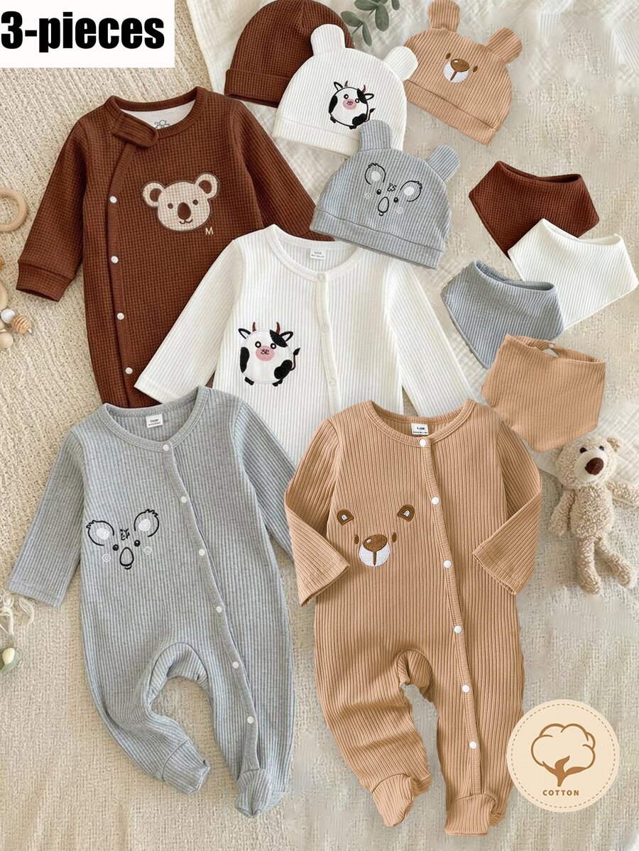 新生兒3件套長袖連身衣、帽子、圍兜,淺棕色棉質羅紋,舒適柔軟寬鬆極簡可愛刺繡熊圖案,居家穿著,四季適用,適合戶外 - 棕色 - 查看 1