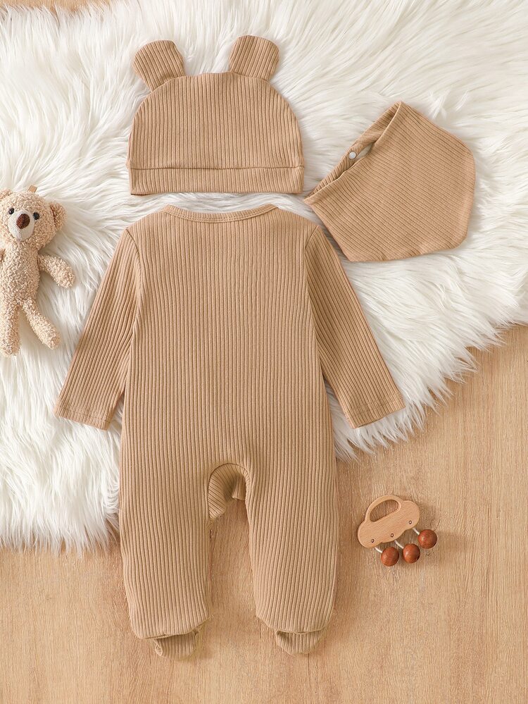 Newborn 3-Piece Set Long Sleeve Footed Romper, Hat, Bib, Light Brown Cotton Ribbed, Comfortable Soft Loose Minimalist Cute Embroidered Bear Pattern, Home Wear, All Season, Suitable For Outdoor - Brown - View 3