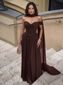 Aloruh Elegant Strapless Mesh Gown With Fishbone Decor, Front Slit Ruffle Trim Flared A-Line Train,Long Formal Party Wedding Guest Bridesmaid Dress - Coffee Brown - View 5