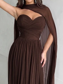 Aloruh Elegant Strapless Mesh Gown With Fishbone Decor, Front Slit Ruffle Trim Flared A-Line Train,Long Formal Party Wedding Guest Bridesmaid Dress - Coffee Brown - View 7