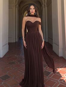 Aloruh Elegant Strapless Mesh Gown With Fishbone Decor, Front Slit Ruffle Trim Flared A-Line Train,Long Formal Party Wedding Guest Bridesmaid Dress - Coffee Brown - View 6