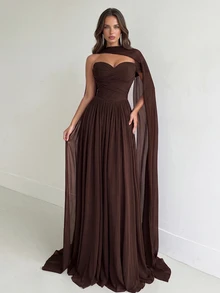 Aloruh Elegant Strapless Mesh Gown With Fishbone Decor, Front Slit Ruffle Trim Flared A-Line Train,Long Formal Party Wedding Guest Bridesmaid Dress - Coffee Brown - View 4