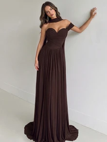 Aloruh Elegant Strapless Mesh Gown With Fishbone Decor, Front Slit Ruffle Trim Flared A-Line Train,Long Formal Party Wedding Guest Bridesmaid Dress - Coffee Brown - View 2