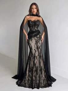 Aloruh 优雅奢华的弹力蕾丝褶皱性感无肩带美人鱼礼服，配有可拆卸亮片裙摆，适合婚礼、派对、蜜月、晚宴等场合。 - 黑色 - 查看 4