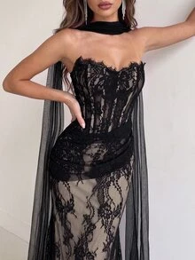 Aloruh 优雅奢华的弹力蕾丝褶皱性感无肩带美人鱼礼服，配有可拆卸亮片裙摆，适合婚礼、派对、蜜月、晚宴等场合。 - 黑色 - 查看 3