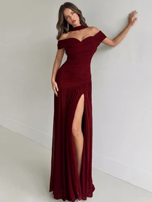 Aloruh Elegant Gray Minimalist Off Shoulder Ruched Asymmetric A-Line High Slit Dress, Suitable For Weddings, Formal Events, Galas, And Cocktail Parties - Burgundy - View 6