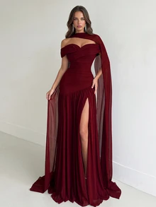 Aloruh Elegant Gray Minimalist Off Shoulder Ruched Asymmetric A-Line High Slit Dress, Suitable For Weddings, Formal Events, Galas, And Cocktail Parties - Burgundy - View 5