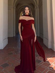 Aloruh Elegant Gray Minimalist Off Shoulder Ruched Asymmetric A-Line High Slit Dress, Suitable For Weddings, Formal Events, Galas, And Cocktail Parties - Burgundy - View 7