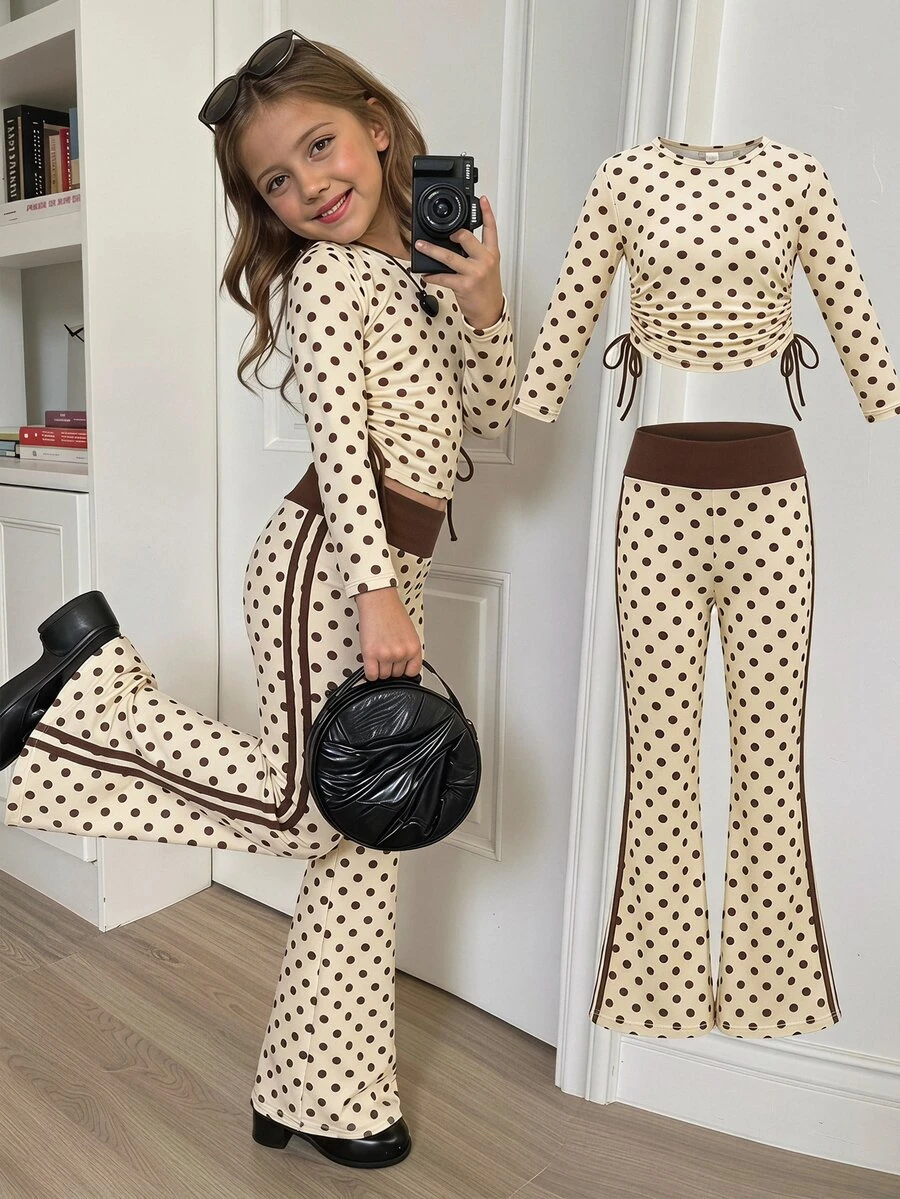SHEIN 女童溫柔奶杏色與咖啡棕小波點高腰百褶收口喇叭褲＋T恤套裝 - 棕色 - 查看 1