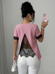 Elenzga 女士A字蕾丝拼接休闲T恤，浪漫法式风格，适合办公室和日常穿着，春夏款 - 藕粉色 - 查看 2