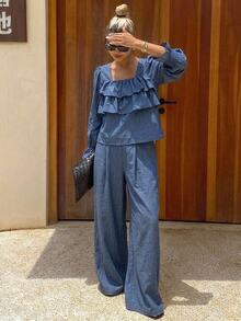 DAZY Atasan Lengan Bergelombang dengan Hiasan Ruffle & Celana Panjang Lebar - Navy Blue - View 6