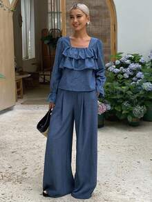 DAZY Atasan Lengan Bergelombang dengan Hiasan Ruffle & Celana Panjang Lebar - Navy Blue - View 3