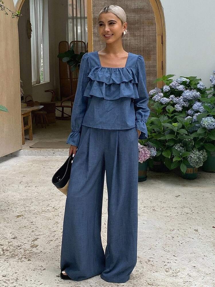 DAZY Ruffle Trim Flounce Sleeve Top & Wide Leg Pants - Navy Blue - View 3