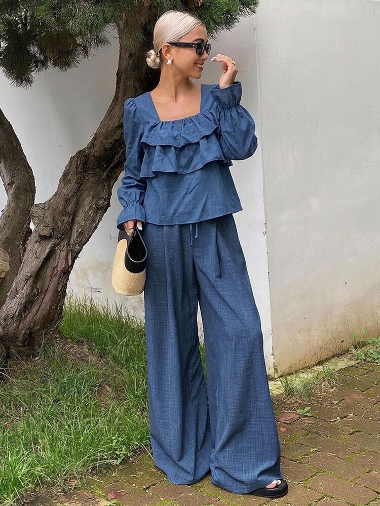 DAZY Ruffle Trim Flounce Sleeve Top & Wide Leg Pants - Navy Blue - View 5