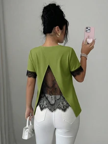 Elenzga 女款春夏 A 字拼接浪漫性感蕾絲法式休閒 T 恤，適合辦公室、約會、外出與日常穿著，綠色條紋格紋 - 綠色 - 查看 2