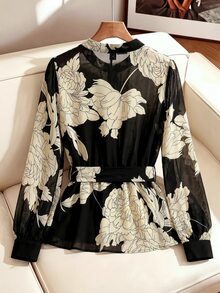 SHEIN Clasi 女款優雅浪漫通勤辦公室花卉印花襯衫 黑白配色 秋季 - 黑色 - 查看 2