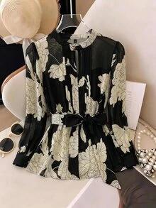 SHEIN Clasi 女款優雅浪漫通勤辦公室花卉印花襯衫 黑白配色 秋季 - 黑色 - 查看 5