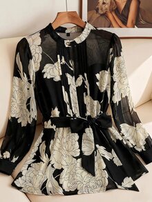 SHEIN Clasi 女款優雅浪漫通勤辦公室花卉印花襯衫 黑白配色 秋季 - 黑色 - 查看 3
