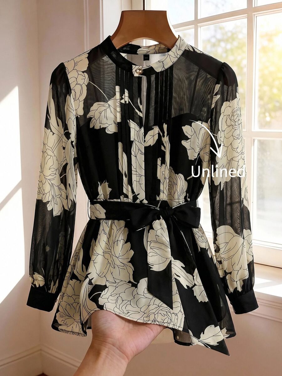 SHEIN Clasi 女款優雅浪漫通勤辦公室花卉印花襯衫 黑白配色 秋季 - 黑色 - 查看 1