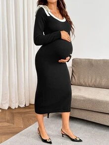 SHEIN Gaun Rajut Hamil Warna Blok Kasual Elegan Chic untuk Sehari-hari di Musim Gugur, Cocok untuk Acara Baby Shower, Warna Hitam - Hitam - View 9