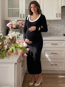 SHEIN Gaun Rajut Hamil Warna Blok Kasual Elegan Chic untuk Sehari-hari di Musim Gugur, Cocok untuk Acara Baby Shower, Warna Hitam - Hitam - View 2