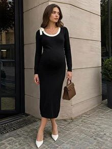 SHEIN Gaun Rajut Hamil Warna Blok Kasual Elegan Chic untuk Sehari-hari di Musim Gugur, Cocok untuk Acara Baby Shower, Warna Hitam - Hitam - View 10