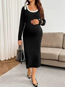 SHEIN Gaun Rajut Hamil Warna Blok Kasual Elegan Chic untuk Sehari-hari di Musim Gugur, Cocok untuk Acara Baby Shower, Warna Hitam - Hitam - View 5