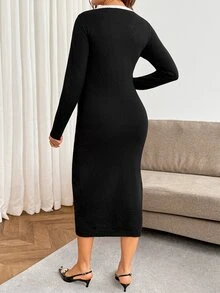 SHEIN Gaun Rajut Hamil Warna Blok Kasual Elegan Chic untuk Sehari-hari di Musim Gugur, Cocok untuk Acara Baby Shower, Warna Hitam - Hitam - View 8