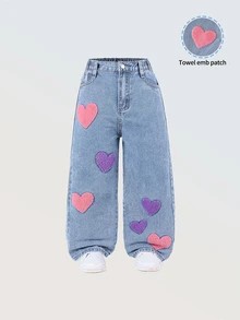 SHEIN ChillGRL 少女复古甜美彩色刺绣休闲宽松舒适洗水浅蓝牛仔阔腿裤 - 淺色水洗藍 - 查看 3