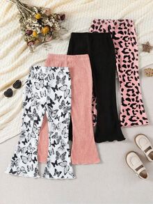 SHEIN 4pcs Young Girl Casual Purple Baby Blue Butterfly Leopard Print Pattern Solid Color Versatile Flare Pants For Spring/Autumn Chic For Autumn/Winter - Multicolor - View 2