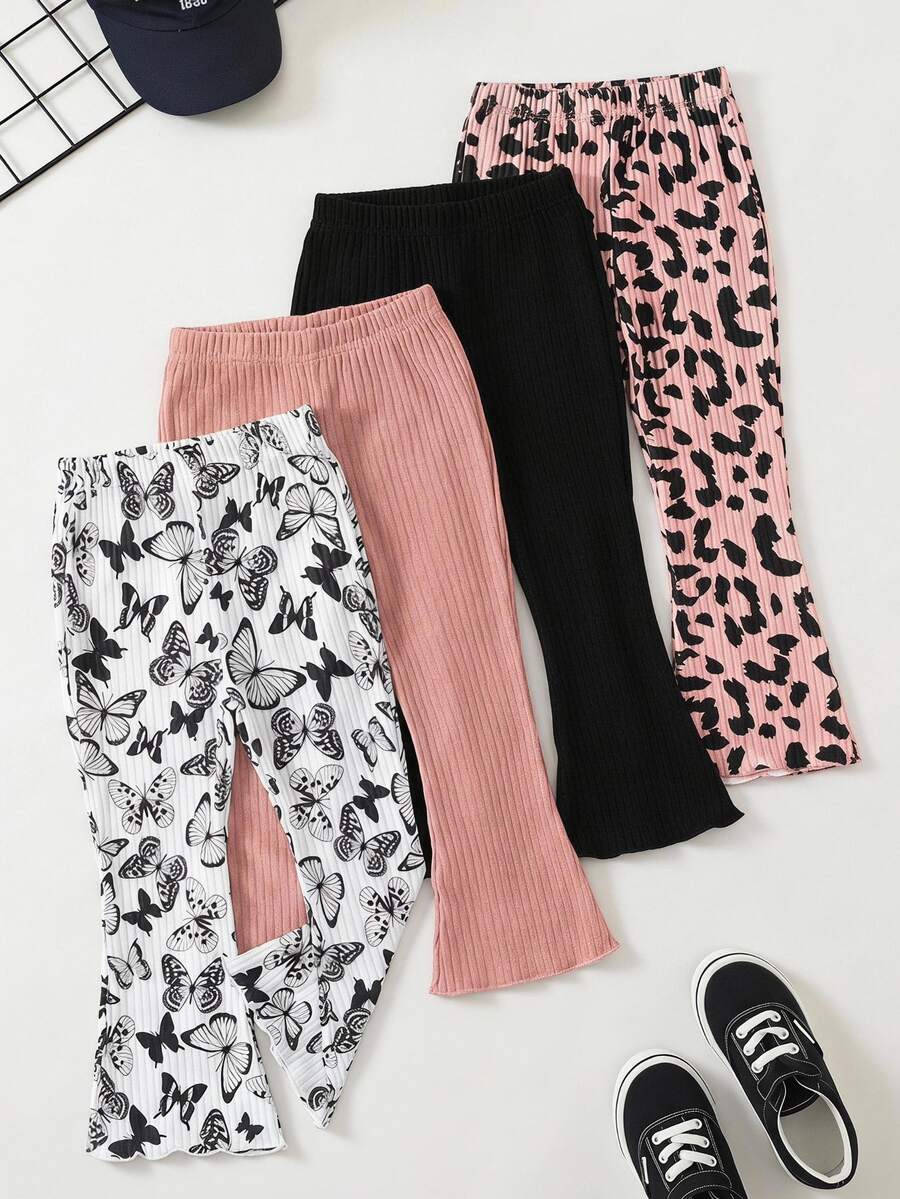 SHEIN 4pcs Young Girl Casual Purple Baby Blue Butterfly Leopard Print Pattern Solid Color Versatile Flare Pants For Spring/Autumn Chic For Autumn/Winter - Multicolor - View 1