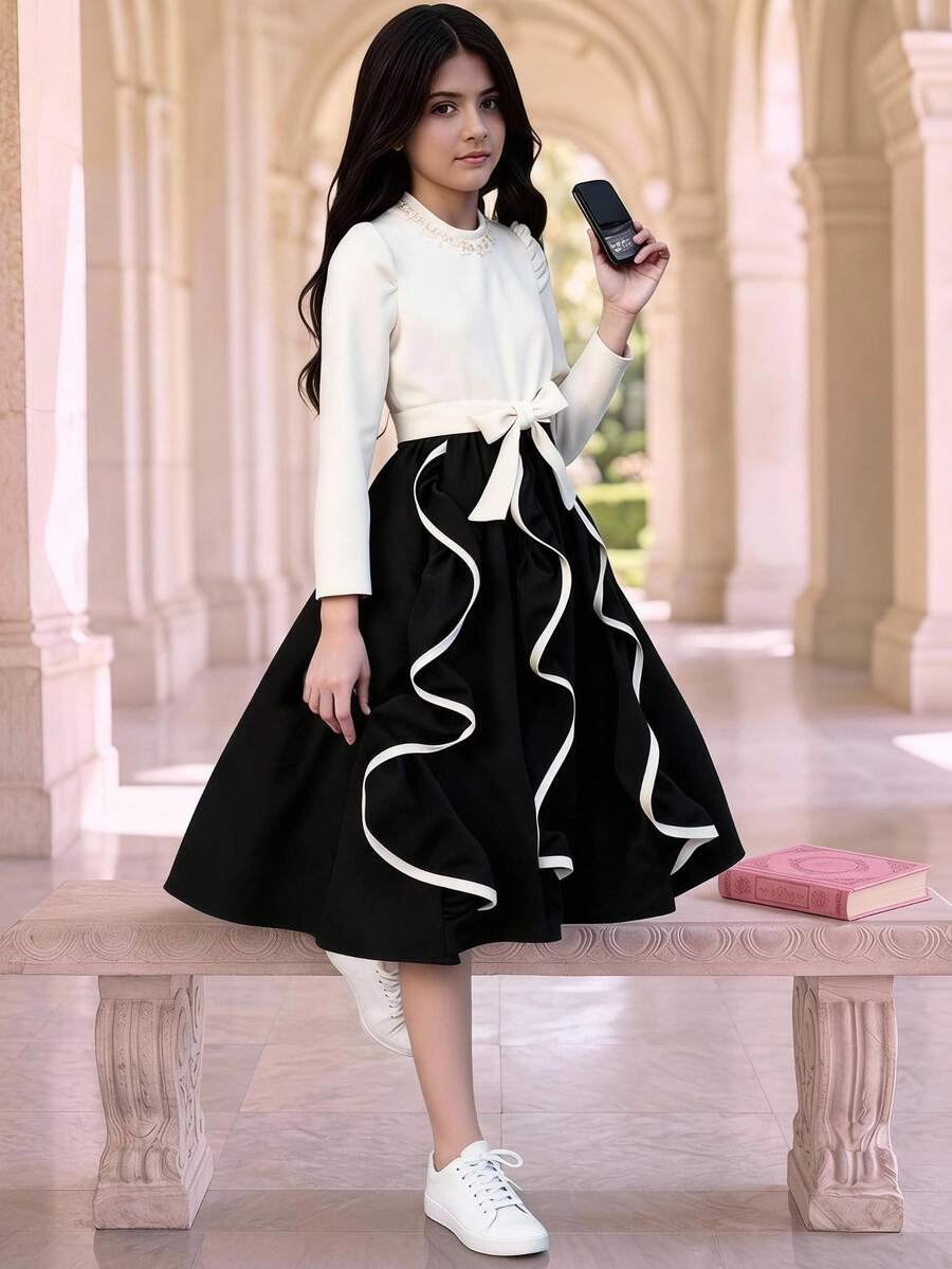 少女優雅對比拼接連衣裙,飾珍珠珠飾,兒童可愛蝴蝶結腰帶長袖波浪邊派對禮服 - 彩色 - 查看 1