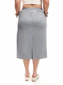 Solavibe Plus Size Women Gray Pocket Drawstring Waist Casual Skirt Fall - Grey - View 5