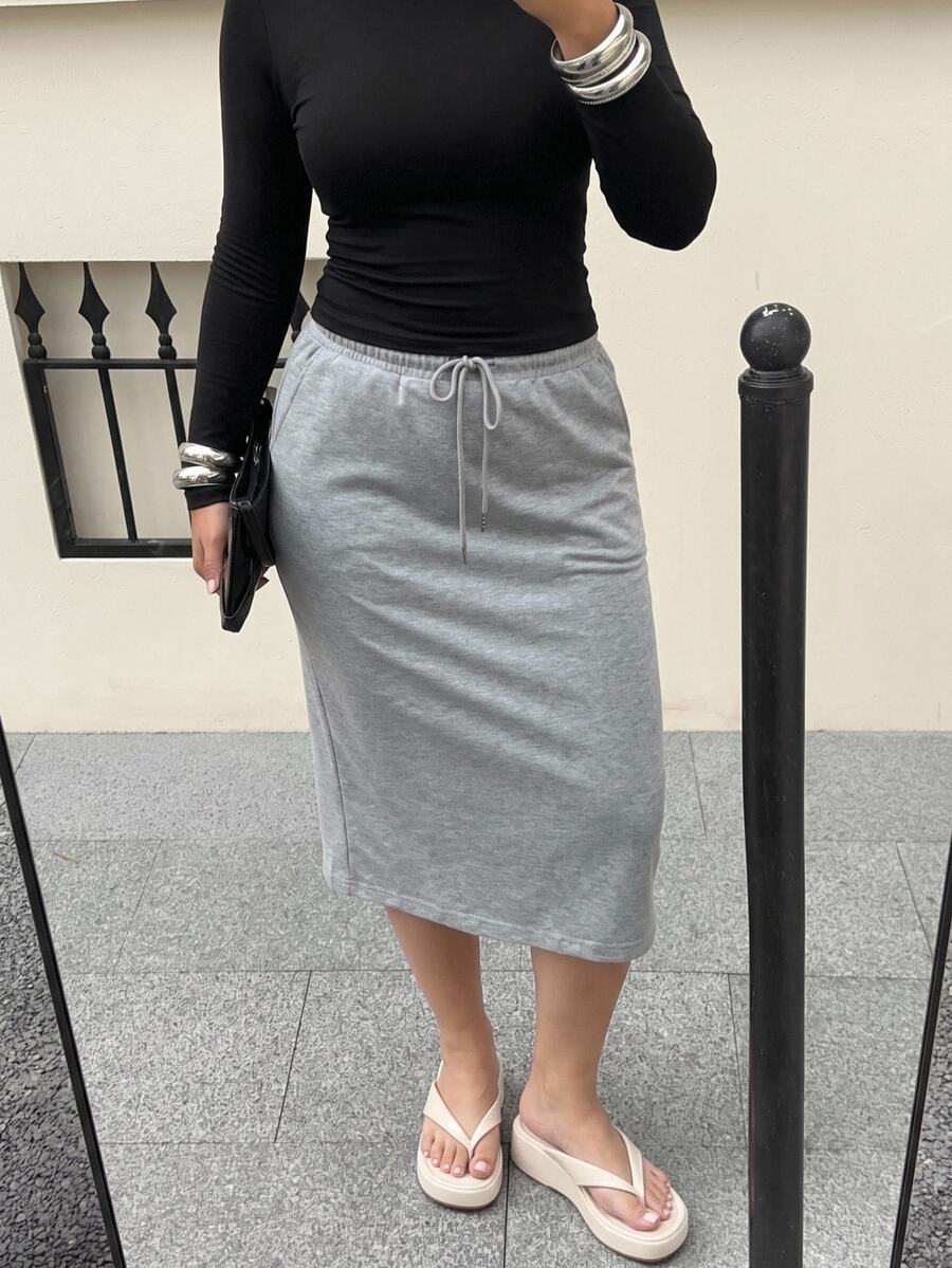 Solavibe Plus Size Women Gray Pocket Drawstring Waist Casual Skirt Fall - Grey - View 1