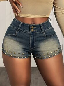 Slaydiva 女士铆钉装饰口袋时尚百搭派对度假牛仔短裤 - 中等水洗藍 - 查看 3