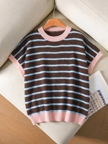CosyJoli Plus Size Elegant 1920s 70's 80s 90s French Casual Brown Colorblock Minimalist Knit Vest Top For Women Autumn Back-To-School Teacher Vacation - Coffee Brown - View 2