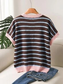 CosyJoli Plus Size Elegant 1920s 70's 80s 90s French Casual Brown Colorblock Minimalist Knit Vest Top For Women Autumn Back-To-School Teacher Vacation - Coffee Brown - View 3