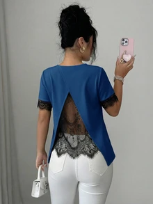 Elenzga 女士A字蕾丝拼接休闲T恤，浪漫法式风格，适合办公室和日常穿着，春夏款 - 霧霾藍 - 查看 2