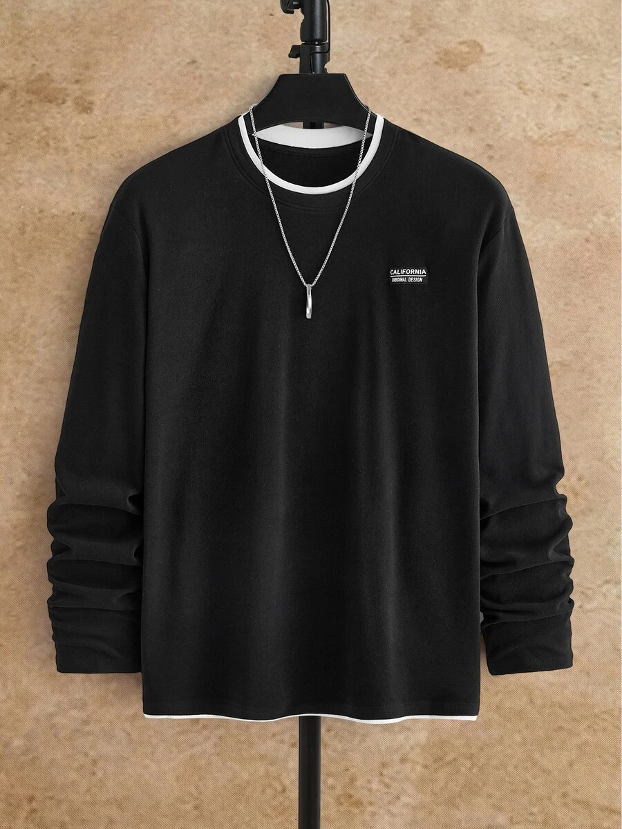 HIMLAND Men's Letter Print Crew Neck Loose Casual Long Sleeve T-Shirt - Black - View 1