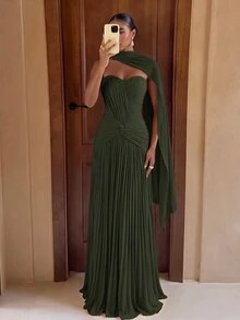 Lumalex Elegant Olive Green Knit Mesh Bustier Evening Gown,Ruched Front Panel Twist Waist Fishtail Hem Maxi Dress With Detachable Halter For Formal Wedding - Army Green - View 2