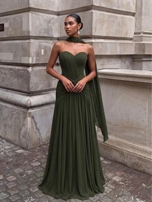 Lumalex Elegant Olive Green Knit Mesh Bustier Evening Gown,Ruched Front Panel Twist Waist Fishtail Hem Maxi Dress With Detachable Halter For Formal Wedding - Army Green - View 5