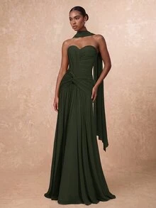 Lumalex Elegant Olive Green Knit Mesh Bustier Evening Gown,Ruched Front Panel Twist Waist Fishtail Hem Maxi Dress With Detachable Halter For Formal Wedding - Army Green - View 1