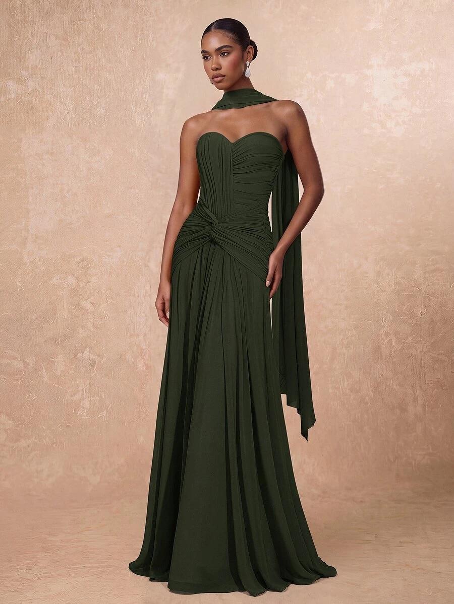 Lumalex Elegant Olive Green Knit Mesh Bustier Evening Gown,Ruched Front Panel Twist Waist Fishtail Hem Maxi Dress With Detachable Halter For Formal Wedding - Army Green - View 1