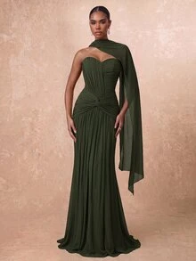 Lumalex Elegant Olive Green Knit Mesh Bustier Evening Gown,Ruched Front Panel Twist Waist Fishtail Hem Maxi Dress With Detachable Halter For Formal Wedding - Army Green - View 6