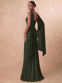 Lumalex Elegant Olive Green Knit Mesh Bustier Evening Gown,Ruched Front Panel Twist Waist Fishtail Hem Maxi Dress With Detachable Halter For Formal Wedding - Army Green - View 7