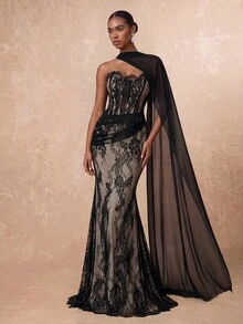 Lumalex Elegant Luxurious Elastic  Black Lace Ruched Sexy Strapless Mermaid Dress With Detachable Sequin Skirt, Suitable For Weddings, Parties, Honeymoons - Black - View 3