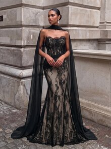 Lumalex Elegant Luxurious Elastic  Black Lace Ruched Sexy Strapless Mermaid Dress With Detachable Sequin Skirt, Suitable For Weddings, Parties, Honeymoons - Black - View 7