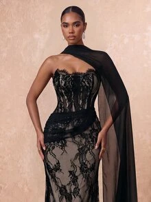 Lumalex Elegant Luxurious Elastic  Black Lace Ruched Sexy Strapless Mermaid Dress With Detachable Sequin Skirt, Suitable For Weddings, Parties, Honeymoons - Black - View 5