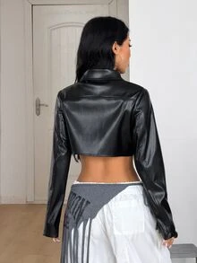 Coolane 女款秋冬街頭風性感 Y2K 時尚演唱會穿搭 基本款龐克黑色皮革拉鍊修身翻領長袖夾克外套 - 黑色 - 查看 6