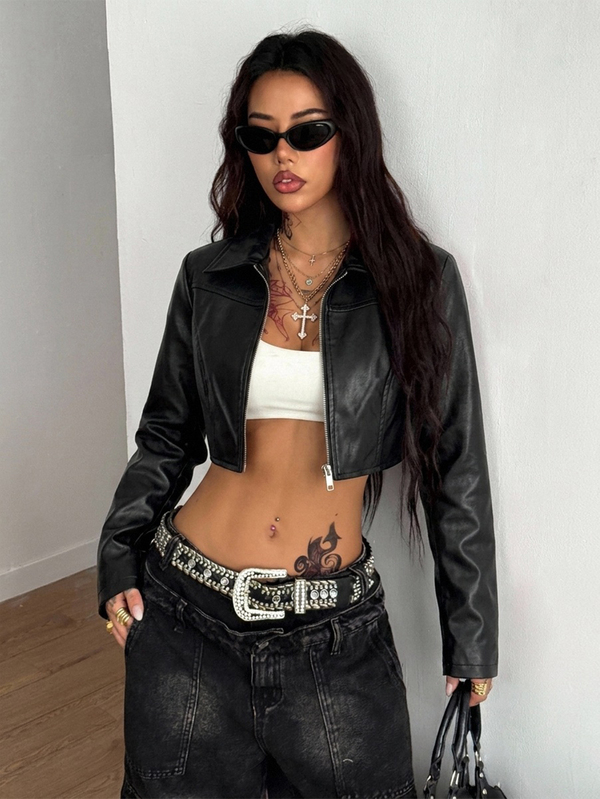 Coolane Women's Fall/Winter Streetwear Going Out Sexy Y2k Chic Concert Outfit Basic Punk Black Leather Zip Up Fitted Lapel Long Sleeve Jacket Black Coat